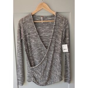 Free People Women's Cotton Linen Blend Gray Long Sleeve Yoga Wrap Sweater Sz XS‎